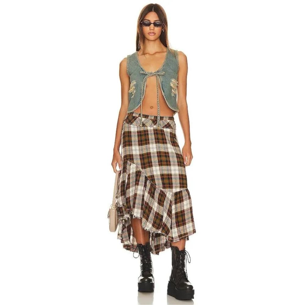 Free People Grunge 90s Asymmetrical Distressed Plaid Marcelline Maxi Skirt Small - Picture 15 of 16